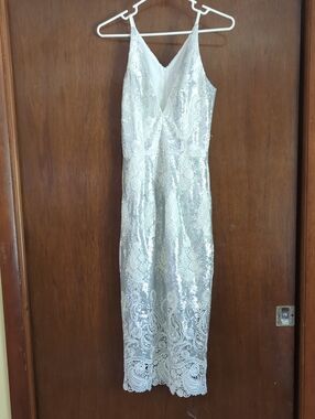 Dress the Population White Sequined Strapless Lace Midi Dress